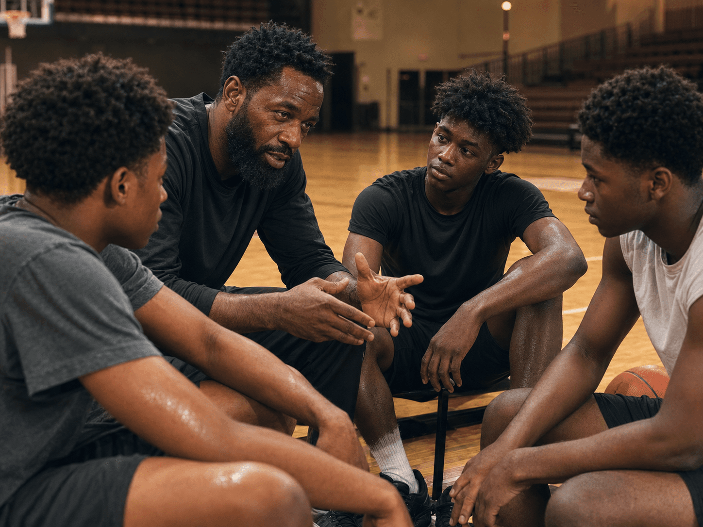 Coach mentoring young men on a court
