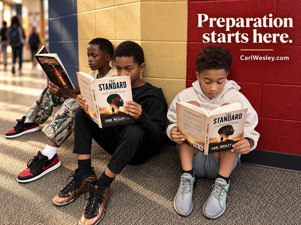 Preparation starts here. Three young readers with The Standard in the hallway