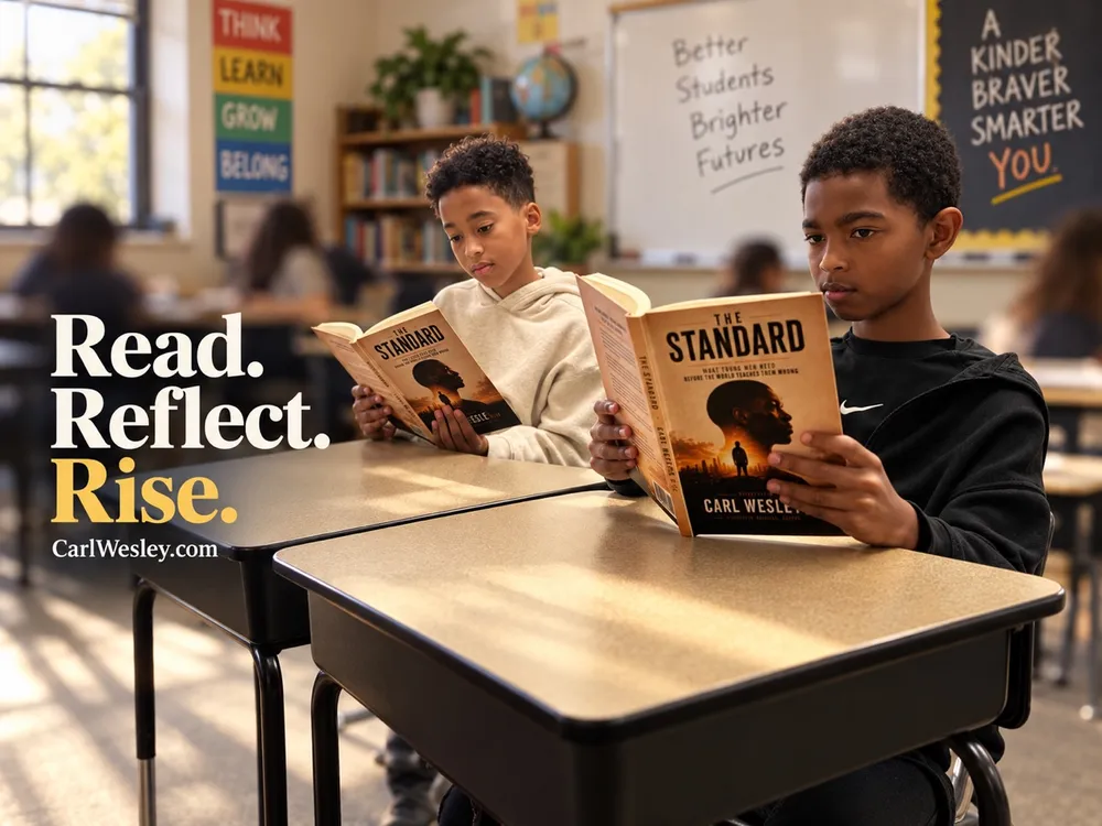 Read. Reflect. Rise. Two young readers with The Standard in class