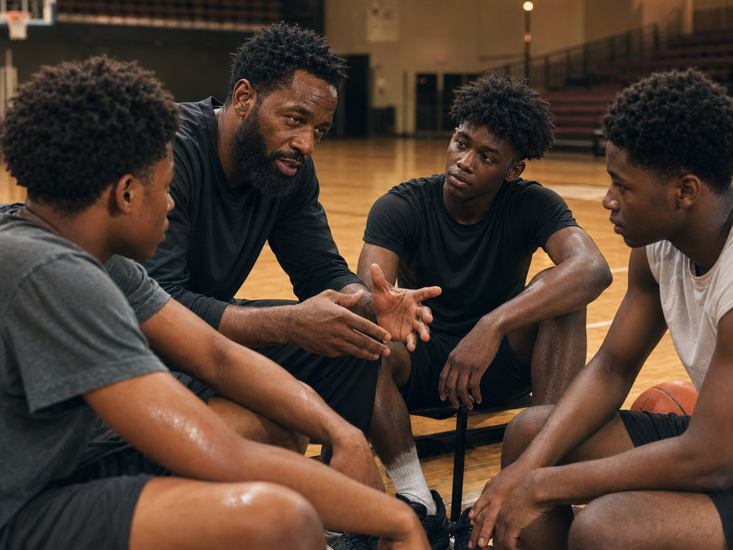 Coach mentoring young men on a court